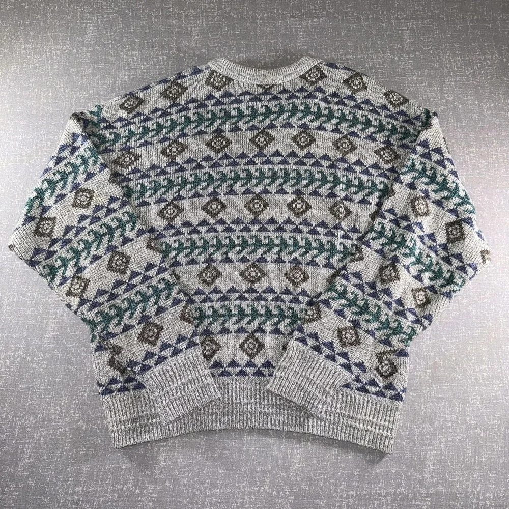 Reed St James Sweater Mens XL Gray Blue Green Geometric Knit Pullover USA Made